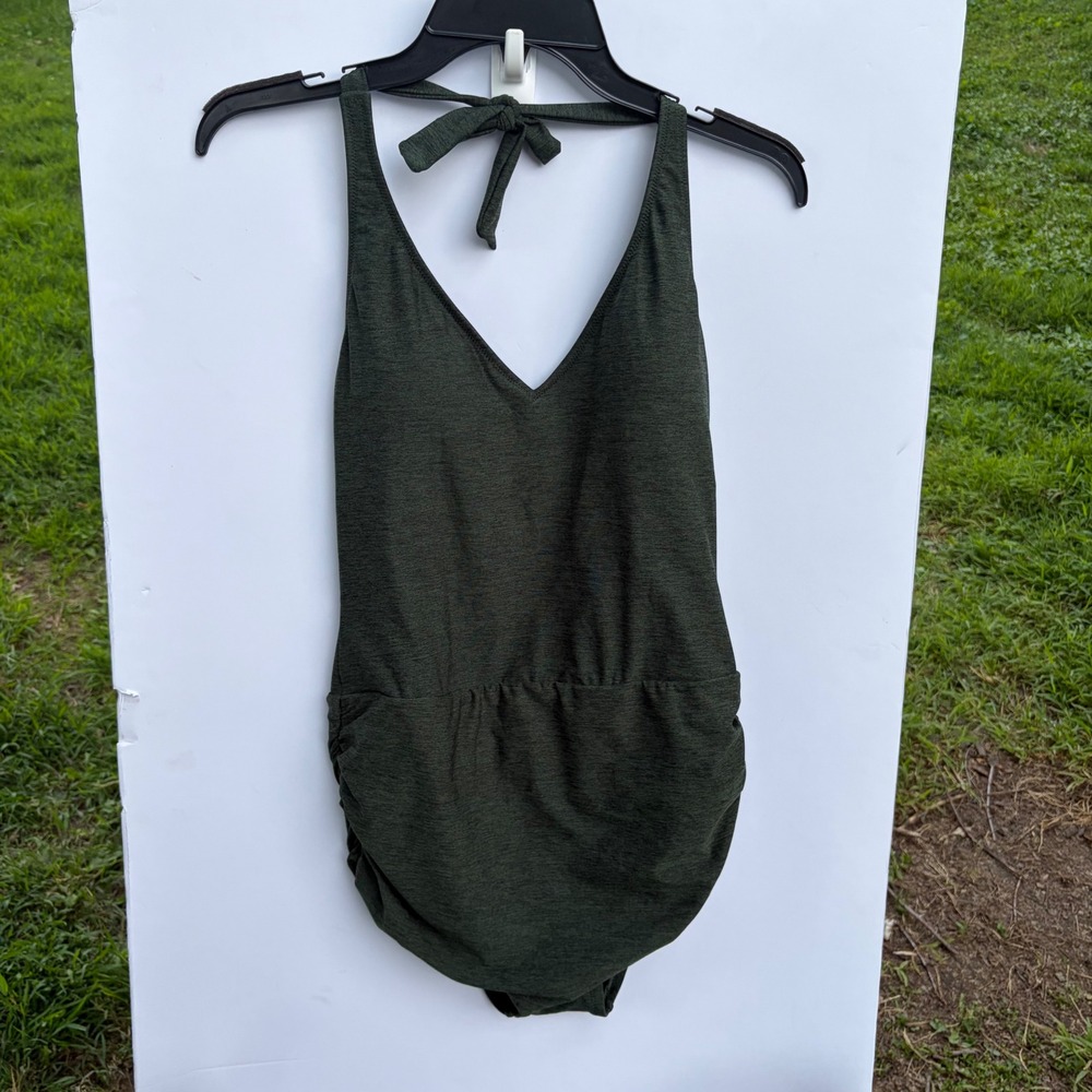 Kona Sol Womens Dark Green Heathered Halter One Piece Swimsuit Size M NWT‎